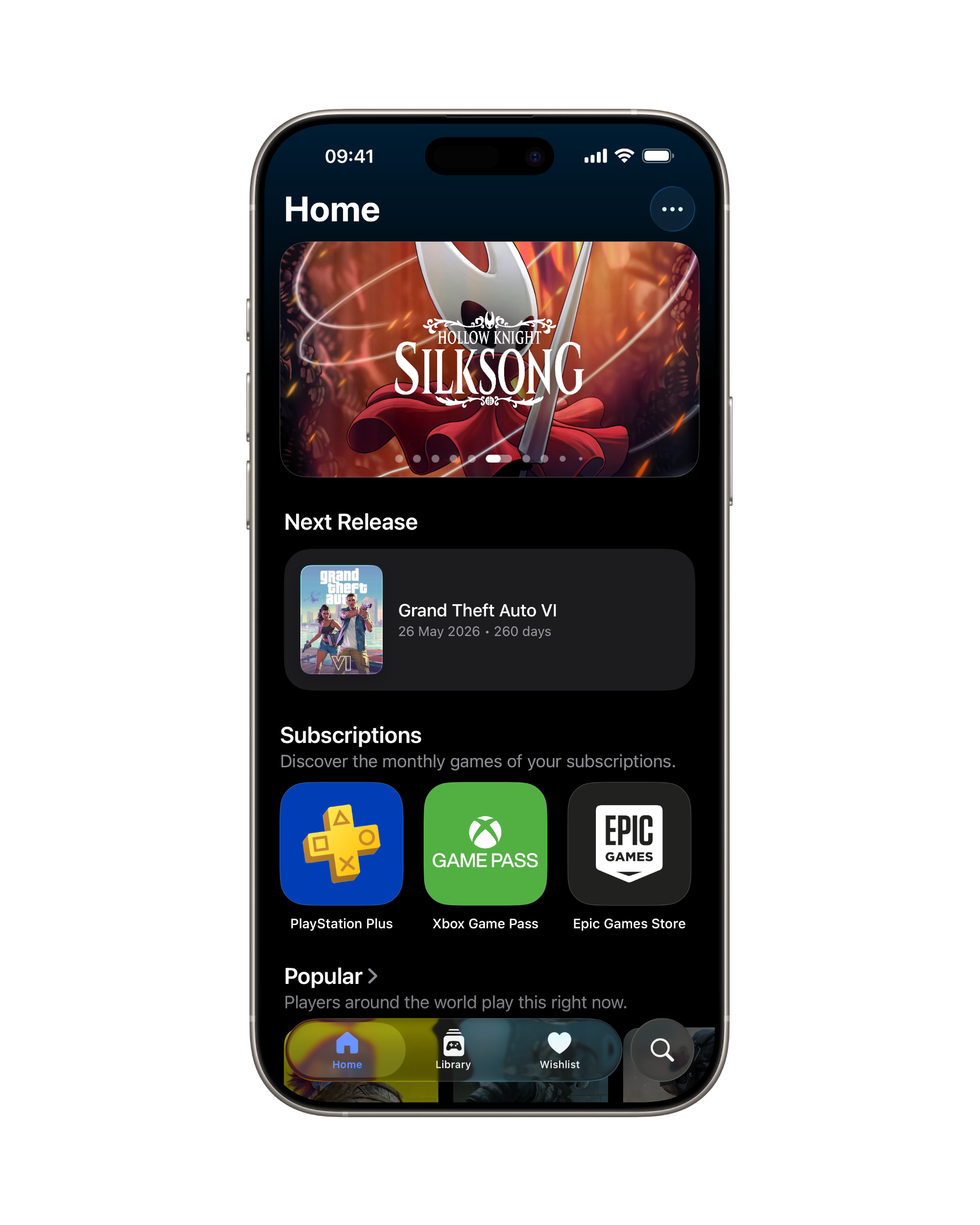 Featured games and more inside the Home tab.